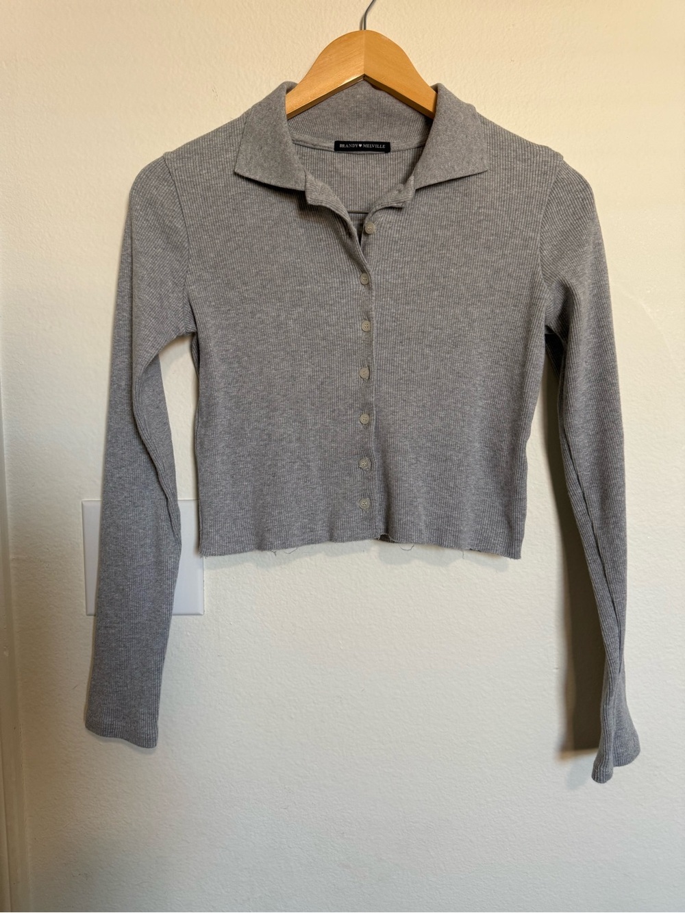 Brandy Melville Light Gray Ribbed Button-Front Crop Cardigan